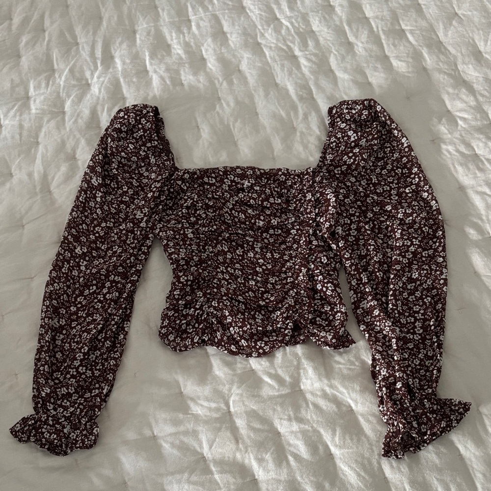 Astr Brown Floral Long Sleeve Blouse